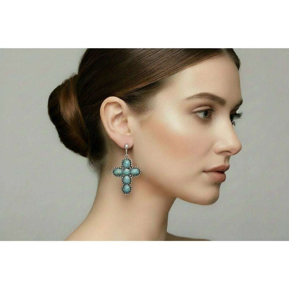 Clip on 2 1/2" silver and turquoise stone dangle cross earrings